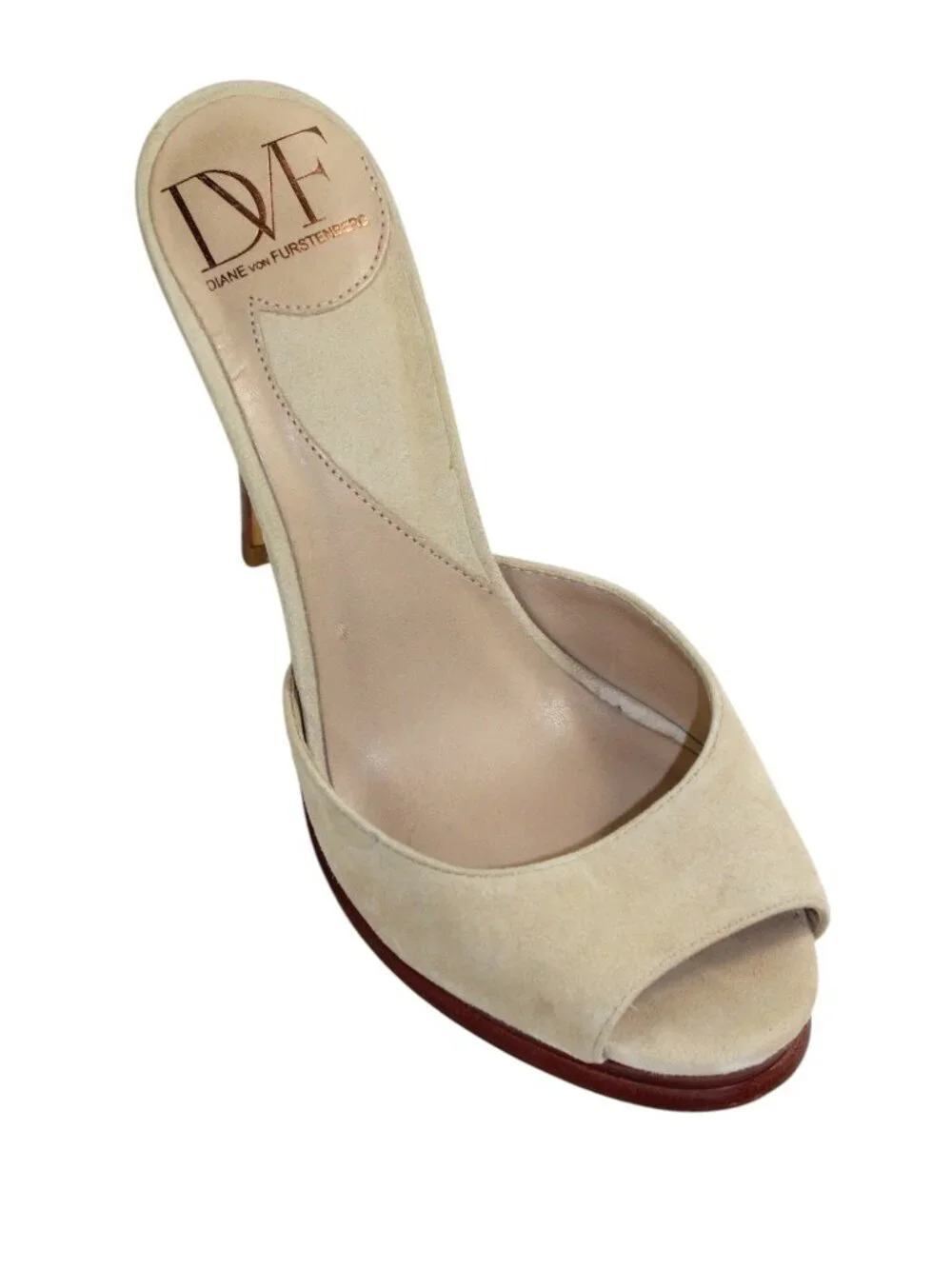 DVF Diane Von Furstenberg Eva Sand Suede Silk Scarf Wrap PeepToe Stiletto Sandal